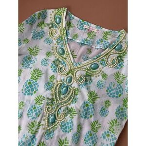 Barbara Gerwit Womens Pineapple Print Beaded Tunic Top Large resort coastal boho
